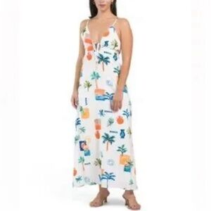 Tropical Print White Maxi Dress with Spaghetti Straps